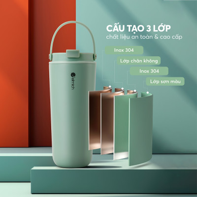 Ly giữ nhiệt Elmich EL8312 600ml, Hàng chính hãng, có ống hút, quai xách, đế chống trượt - JoyMall