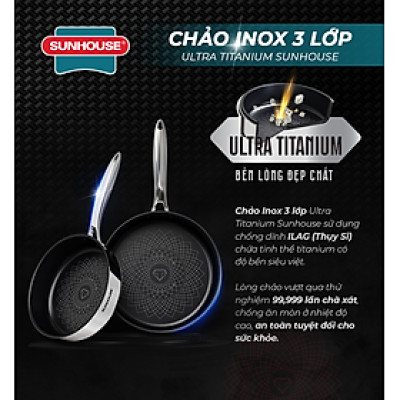 Chảo inox 3 lớp liền đáy chống dính Ultra Titanium Sunhouse STI18-26M - Hàng chính hãng