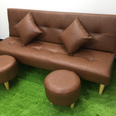 Sofa bed, sofa giường màu nâu và 2 đôn tròn SB16