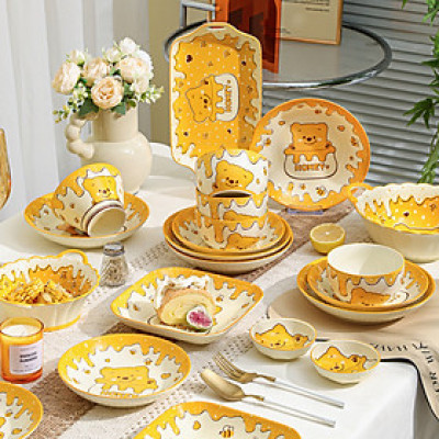Bán lẻ Bộ Bát Đĩa Thương Hiệu Gosu họa tiết Gấu vàng Honey đáng yêu, chất men sáng bóng