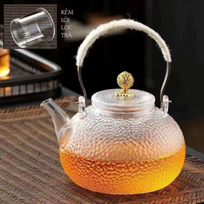 Bình pha trà thủy tinh Borosilicate vân nhám tay cầm kim loại quấn dây 900ml