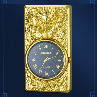 Vỏ Hột Quẹt Bật Lửa Gas HF602 Khò 1 Tia Hình Rồng Vàng Kiêm Đồng Hồ La Mã