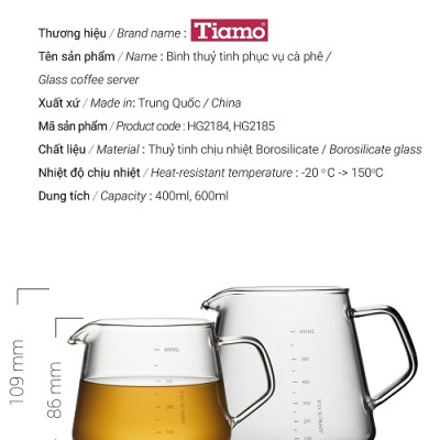 Bình pha cà phê thủy tinh chịu nhiệt Tiamo không nắp