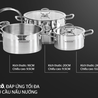 Bộ 3 nồi inox 5 đáy cao cấp bếp từ SUNHOUSE MAMA SH784 kích thước 16 - 20 - 24 CM (dùng được mọi loại bếp)
