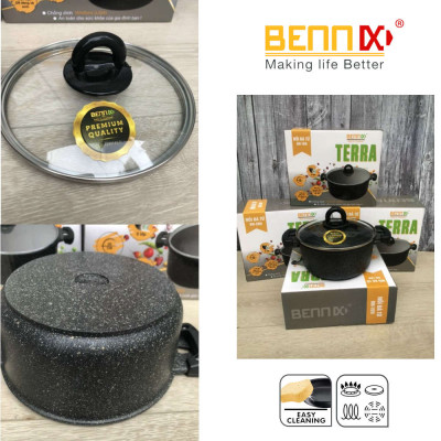 Nồi vân đá chống dính Bennix Terra size 18cm/20cm đáy từ vung kính