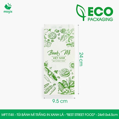 MFT1T4X - 24x9.5x4.5 cm - 100 Túi bánh mì Trắng, in sẵn họa tiết BEST STREET FOOD - Bao bánh mì Túi giấy thực phẩm an toàn