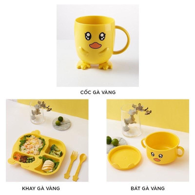 Bộ bát đĩa khay ăn dặm cho bé cute hình vịt vàng 5 món khay, bát, cốc , thìa ,đũa , dĩa ăn