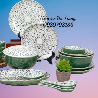Bộ bát đĩa gốm sứ Bát Tràng cao cấp men lục bảo vẽ bèo dâu BDXĐ1