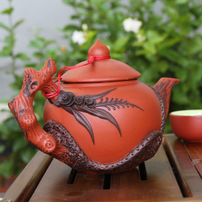 Bộ ấm chén tử sa đỏ đắp nổi hoa Lan đen và phụ kiện gốm sứ Bát Tràng (bộ bình uống trà, bình trà) 
