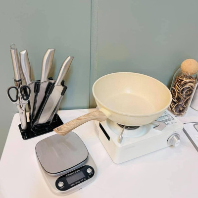 Chảo Chống Dính Bếp Từ Vân Đá Kiểu Nhật 22cm, Chảo Chống Dính Đáy Từ Ceramic Cán Gỗ, Chảo Nhật