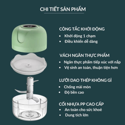 Máy xay tỏi ớt cầm tay 250ml, máy xay tỏi không dây sạc pin