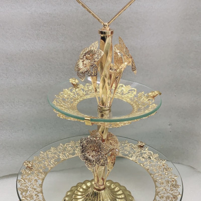 KHAY ĐỰNG BÁNH KẸO HOA QUẢ 2 TẦNG THỦY TINH KHUNG KIM LOẠI THÁP