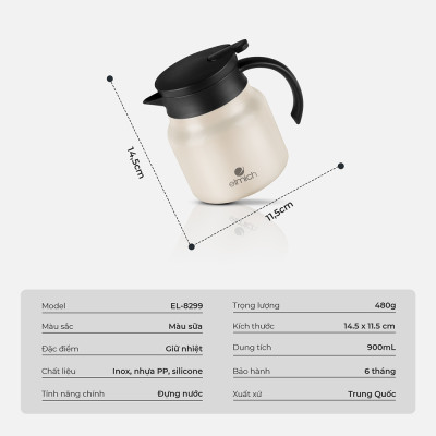 Bình giữ nhiệt 900ml Elmich EL8299, Hàng chính hãng, inox 304, có lõi lọc pha trà, cà phê - JoyMall