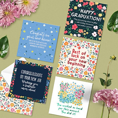 Set 5 thiệp chúc mừng tốt nghiệp, nhà mới, việc mới, chúc may mắn SDstationery New Beginnings họa tiết hoa, chữ ép kim 12x12