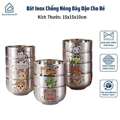Bát Inox Kèm Thìa Chống Nóng Dày Dặn Cho Bé Ăn Dặm In Hình Con Vật Ngộ Nghĩnh - HÀNG CHÍNH HÃNG MINIIN