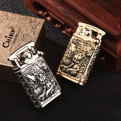 Vỏ Hột Quẹt Bật Lửa Chief CF018-60Y Khắc họa tiết hoa văn Kì Lân đẹp độc lạ - Dùng Xăng Đá Cao Cấp
