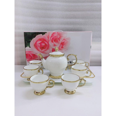 Bộ ấm chén kèm khay màu xanh khung kim loại mạ vàng màu trắng