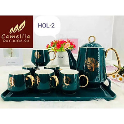 BỘ ẤM CHÉN SỨ MÀU XANH CỔ VỊT LÔNG VŨ CAO CẤP KÈM KHAY  ( GIAO NGẪU NHIÊN )