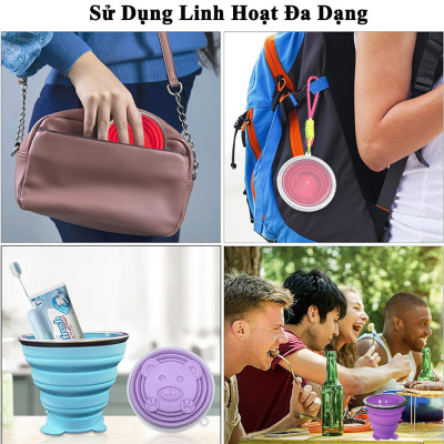 Cốc Gấp Gọn Silicon KUNBE Có Nắp Đậy Dây Treo Tiện Lợi