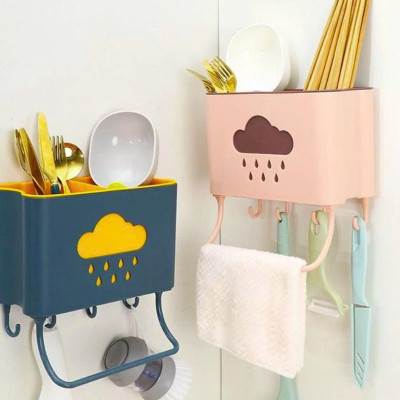 Hộp đựng đũa muỗng treo tường kèm móc treo khăn và dụng cụ bếp, ống đựng đũa muỗng hình đám mây