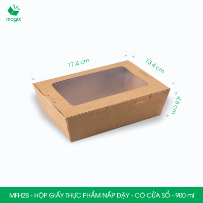 MFH2B - 900ml - 50 hộp giấy kraft đựng thực phẩm, hộp giấy đựng thức ăn có cửa sổ, hộp đựng cơm