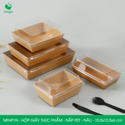 MFHP1N - 10.5x10.5x6 cm - 100 hộp giấy kraft thực phẩm màu nâu nắp Pet, hộp giấy vuông đựng thức ăn, hộp bánh nắp trong