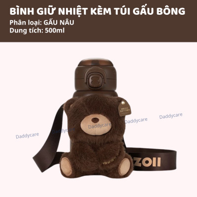 Bình nước cho bé đi học giữ nhiệt có ống hút ZoyZoii kèm túi gấu bông Animal Series Thermos Cup E20