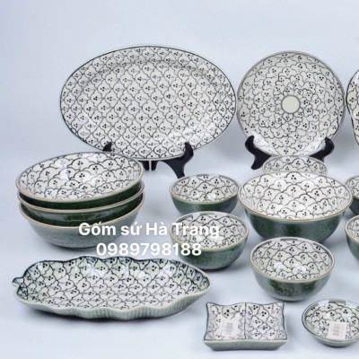 Bộ bát đĩa gốm sứ Bát Tràng cao cấp men lục bảo vẽ bèo dâu BDXĐNV02