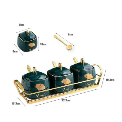 Bộ 3 hũ đựng gia vị sứ khung kim loại mạ vàng màu xanh trơn