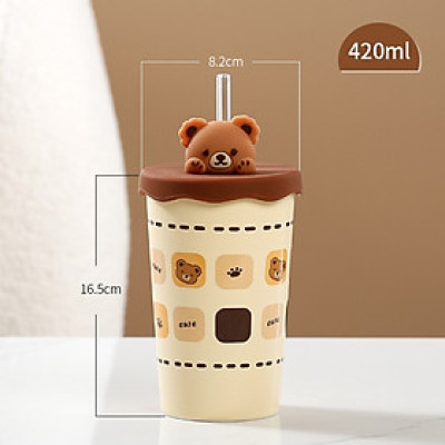 Ly Gốm Sứ Gấu dễ thương 420ML kèm Nắp silicon và Ống hút thủy tinh