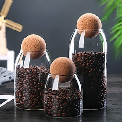 Lọ thủy tinh Borosilicate kèm nắp hình dáng quả cầu gỗ bắt mắt- Decor