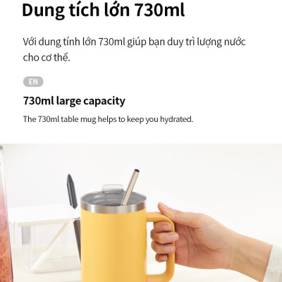 Ly giữ nhiệt LocknLock Flat Table Mug LHC4320 730ML, Hàng chính hãng, có tay cầm, miêng rộng - JoyMall