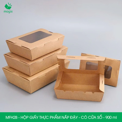 MFH2B - 900ml - 50 hộp giấy kraft đựng thực phẩm, hộp giấy đựng thức ăn có cửa sổ, hộp đựng cơm