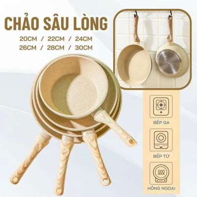 Chảo Chống Dính Bếp Từ Vân Đá Kiểu Nhật 20-30cm, Đáy Từ Ceramic Cán Gỗ [Hàng Loại Một] - HÀNG CHÍNH HÃNG MINIIN