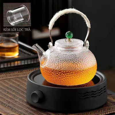 Bình pha trà thủy tinh Borosilicate vân nhám tay cầm kim loại quấn dây 900ml