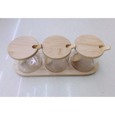 Bộ 3 hũ đựng gia vị thủy tinh cao cấp khay gỗ tre bầu dục