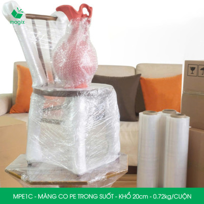MPE1C - Khổ 20cm - 0.72kg - 1 cuộn màng co PE trong suốt - Cuộn màng bọc PE, màng chít quấn hàng