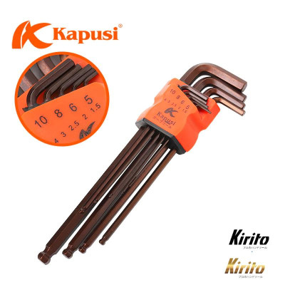 Bộ Lục Giác Thép Nâu Đầu Bi Hãng Kapusi Nhật Bản 9 Cây Chữ L 1.5-10mm, Chất liệu thép CR-V6150 k7408