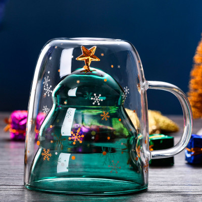 Ly thủy tinh giáng sinh chịu nhiệt Borosilicate 2 lớp có tay cầm kiểu dáng cây noel