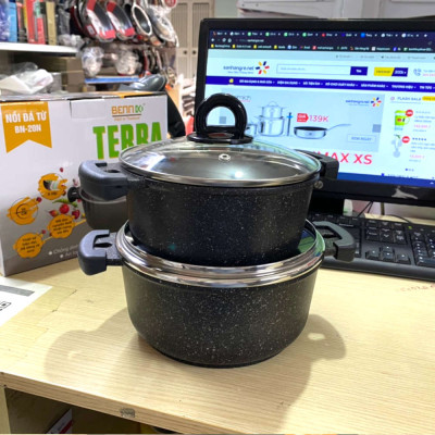 Nồi vân đá chống dính Bennix Terra size 18cm/20cm đáy từ vung kính