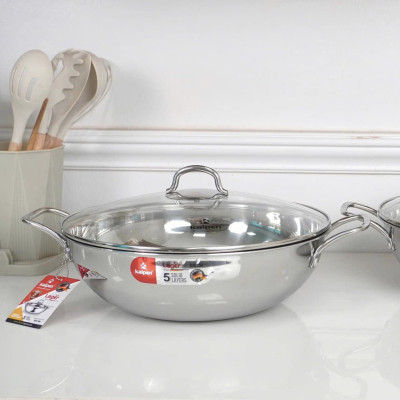 Chảo xào Inox 5 lớp đúc liền khối Kalpen Lager LX32 size 32cm, bảo hành 30 năm