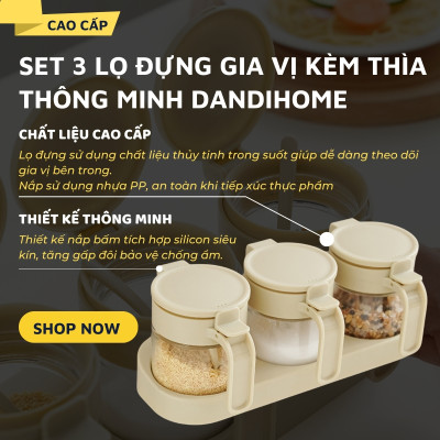 Set 3 hũ (lọ) đựng gia vị kèm khay DandiHome 250ml thủy tinh cao cấp tặng muỗng