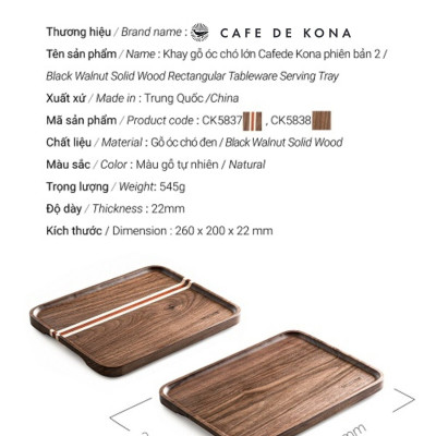 Khay gỗ óc chó lớn hiệu CAFE DE KONA