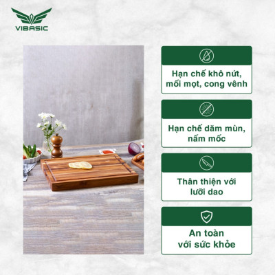 Thớt gỗ Teak Vibasic có khay đựng đồ, kích thước 40x30x3.8cm thái chặt băm đa năng - Hàng chính hãng Bộ Quốc Phòng sản xuất