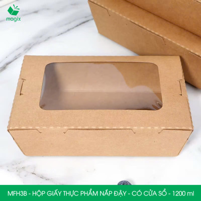 MFH3B - 1200ml - 100 hộp giấy kraft đựng thực phẩm, hộp giấy đựng thức ăn có cửa sổ, hộp đựng cơm