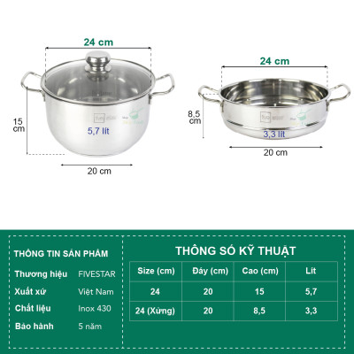 Bộ Nồi Xửng 3 Đáy Nắp Kính Fivestar ST-3DG - Hàng Chính Hãng