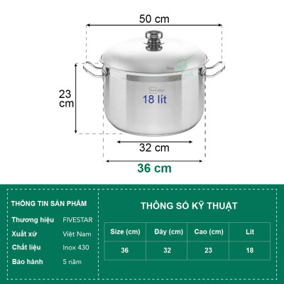 Nồi Inox 430 Bếp Từ 3 Đáy Fivestar (36 cm) Nắp Inox + Tặng 5 Muỗng Ăn Inox Cao Cấp