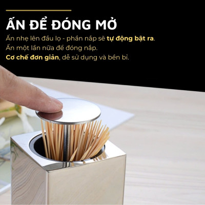 Lọ đựng tăm inox 304 DandiHome nắp bấm đóng mở hoàn toàn kín