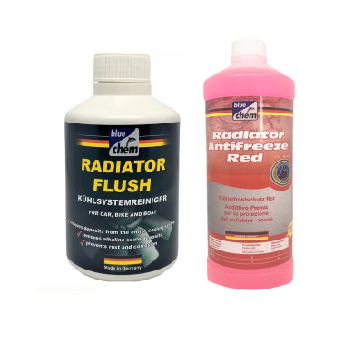 Bộ 2 dung dịch xúc rửa két nước 33326E và nước làm mát pha sẵn 1L 32046E cao cấp Bluechem - 33326E_32046E