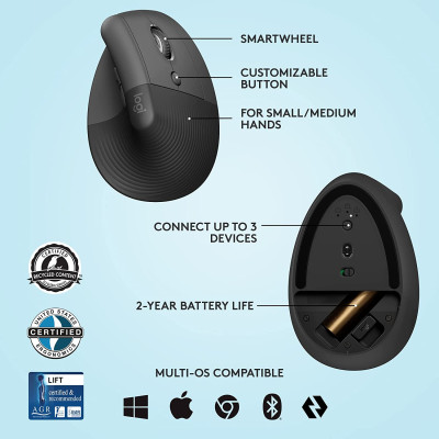 Chuột công thái học không dây Logitech Lift Vertical Ergonomic - Hàng Chính Hãng